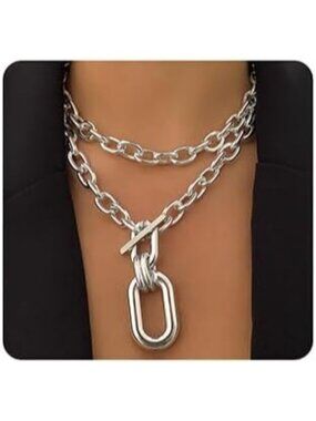 Women's Silver Layered Necklaces Chunky Chain Toggle Statement Choker Classic